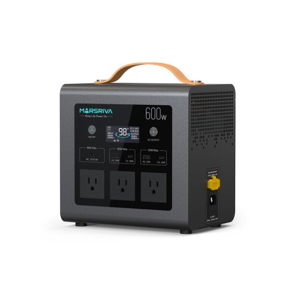 Marsriva MP6 Plus 600W 512Wh Portable Power Station front view displaying LED screen and power output ports
