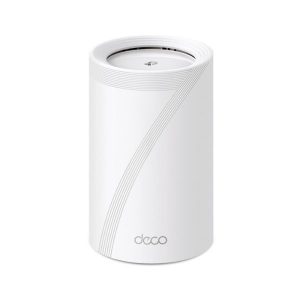 TP-Link Deco BE65 BE11000 Whole Home Mesh Wi-Fi 7 System white cylindrical unit front view.