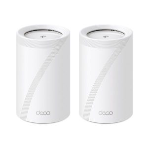 TP-Link Deco BE65 BE11000 Whole Home Mesh Wi-Fi 7 System 2 Pack white units set side by side.