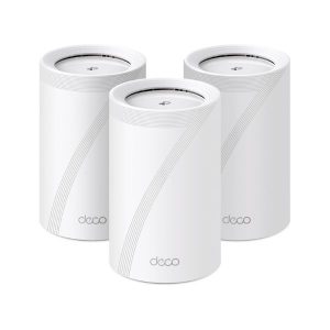 TP-Link Deco BE65 BE11000 Whole Home Mesh Wi-Fi 7 System 3 Pack white units arranged together.