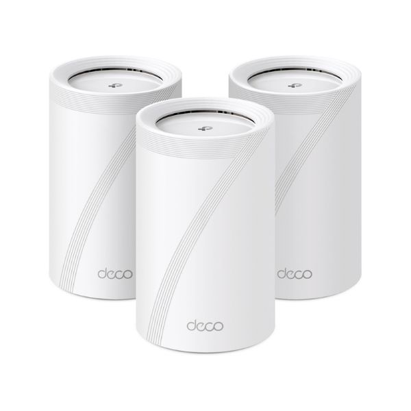 TP-Link Deco BE65 BE11000 Whole Home Mesh Wi-Fi 7 System 3 Pack white units arranged together.
