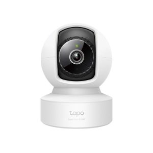 TP-Link Tapo C225 Pan Tilt AI home security camera front view displaying 2K QHD lens and status light.