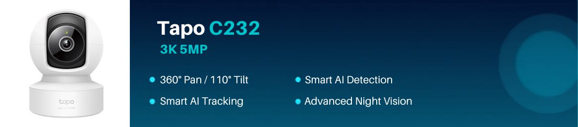 tp-link-tapo-c232-3k-5mp-smart-ai-pan-tilt-camera-excelbd TP-Link Tapo C232 3K 5MP pan and tilt home security camera banner highlighting 360 pan, 110 tilt, smart AI detection, smart AI tracking, and advanced night vision