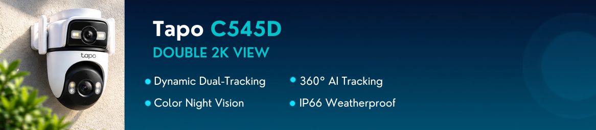 tp-link-tapo-c545d-double-2k-view-outdoor-security-camera-excelbd TP-Link Tapo C545D Double 2K view outdoor security camera banner highlighting dynamic dual-tracking, 360 AI tracking, color night vision, and IP66 weatherproofing