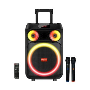 - DigitalX PartyMate T502 portable Bluetooth party trolley speaker with RGB lighting, two wireless microphones, remote control and telescopic carry handle